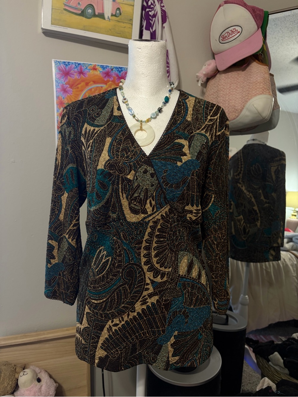 East 5th Teal and Gold Paisley V-Neck Tunic